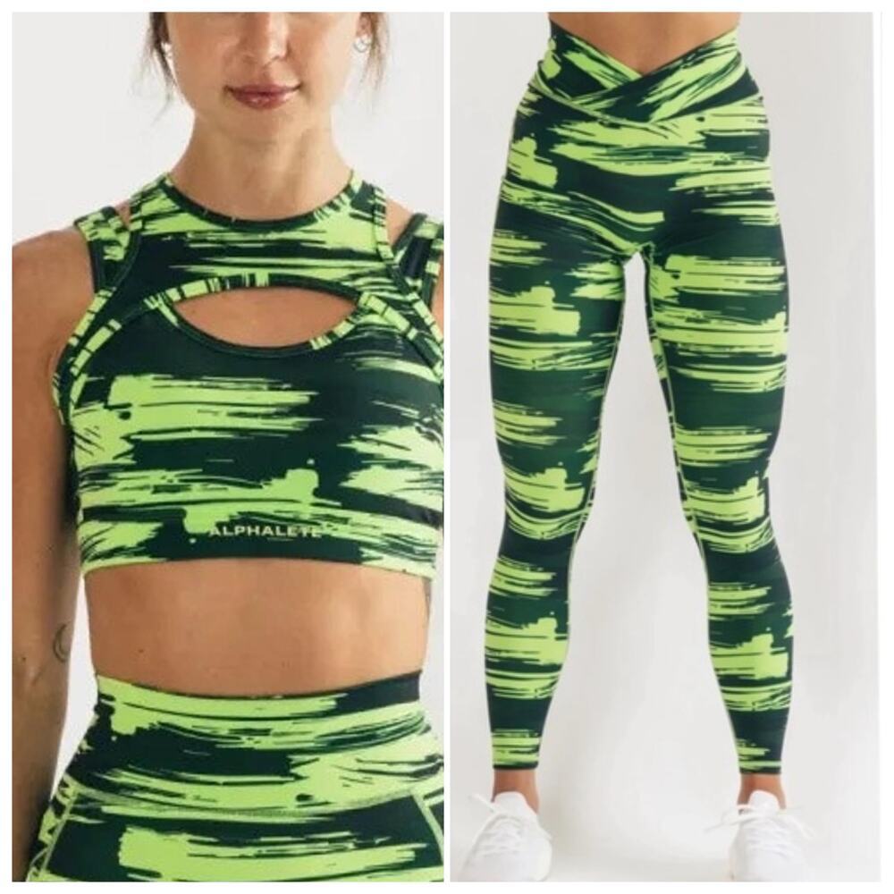 Alphalete Surface Reign Bra & crossover Legging set in neon green brushstroke
